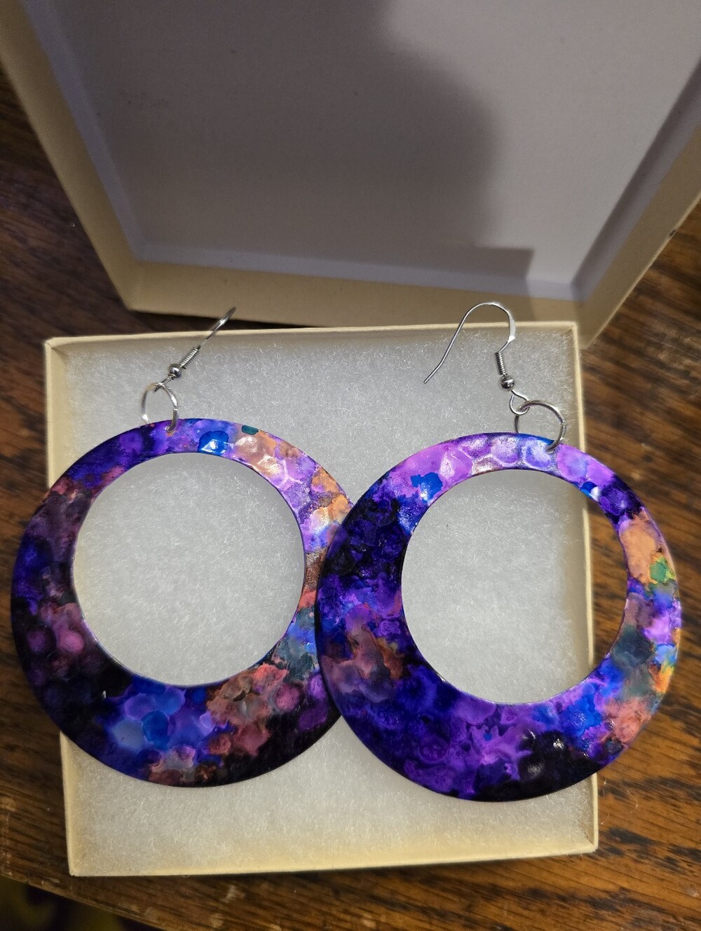 HAMDCRAFTED Upcycled Metal Circle Hoop Earrings HANDPAINTED Dangle Pierced Ears